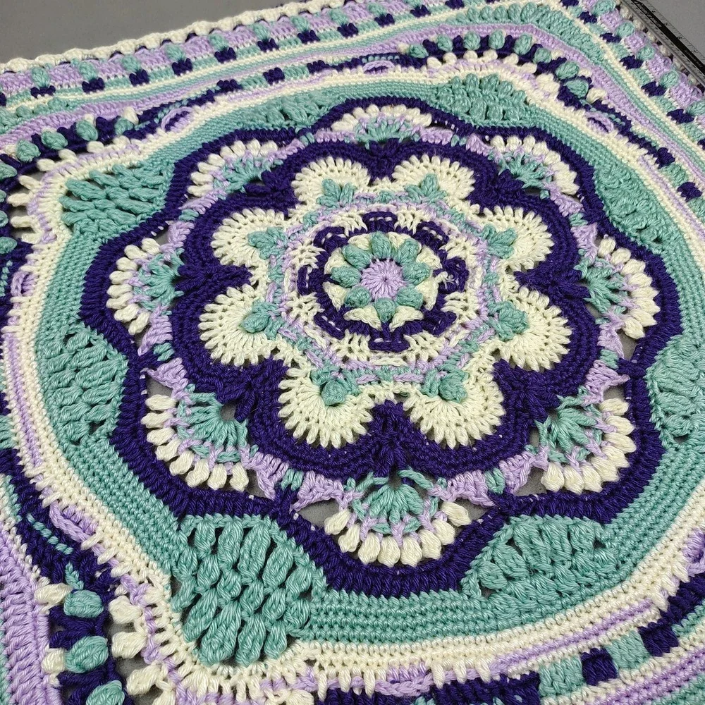 Vintage Handmade Crochet Baby Blanket Purple Blue 3-D Floral Design 32